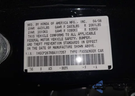 2008 Honda Accord 2.4 Ex from USA, damaged, VIN 1HGCP267X8A117357